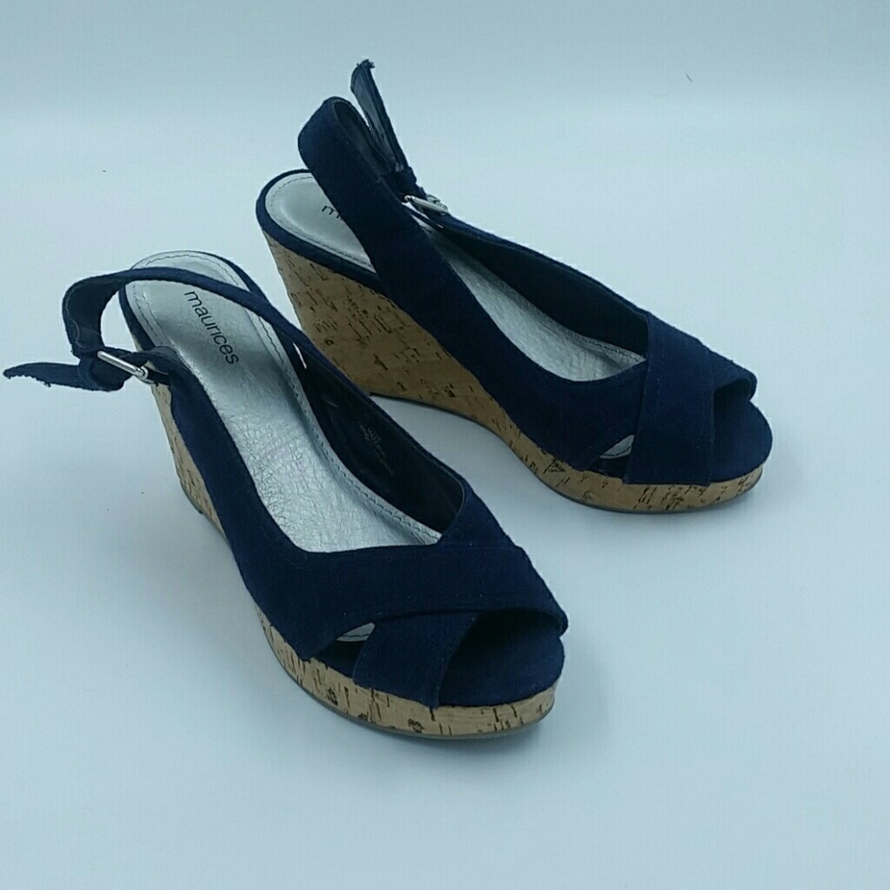 MAURICES l Navy Canvas Cork Peep Toe Wedge